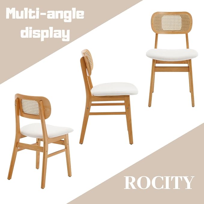 ROCITY Rattan Dining Chairs Set of 4 Beige Linen Fabric Dining Room Chairs Natural Wooden Kitchen Chairs Farmhouse Boho