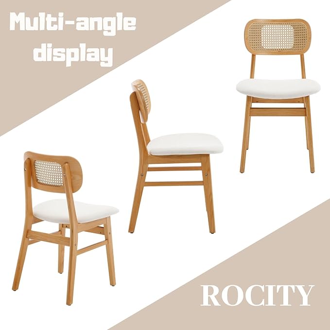 ROCITY Rattan Dining Chairs Set of 6 Beige Linen Fabric Dining Room Chairs Natural Wooden Kitchen Chairs Farmhouse Boho