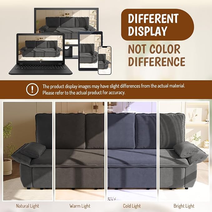 94.5'' Sleeper Sofa Bed King Size, Modern Corduroy Pull Out Couch, 3-in-1 Convertible Futon Sofa, 3 Seater Couches, Cloud Recliner, Pillow Arm, for Living Room, Apartment, Offices, Dark Grey