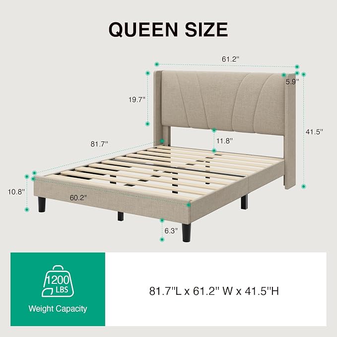 Novilla Queen Size Bed Frame, Queen Bed Frame with Headboard, Linen Upholstered Wing Side Headboard, No Box Spring Needed, Heavy Duty Feet, Easy Assembly, Beige