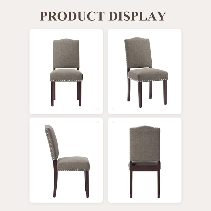 Upholstered Parsons Dining Chairs Set of 6, Modern Dining Room Chairs with Back, Fabric Kitchen Side Chairs with Wood Legs, Nailhead Trim for Dinner Farmhouse Restaurant, Taupe