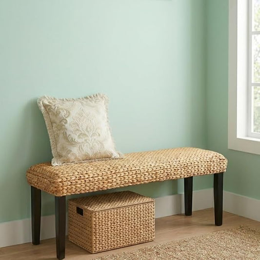 Entryway Bench with Solid Wood Acacia, 47" End of Bed Bench for Bedroom, Water Hyacinth Indoor Bench Seat, Boho Woven Bench for Living Room, Wicker Bench for Hallway or Kitchen, Wood Bench (Black Leg)