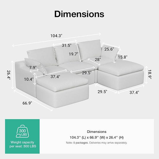 Novilla 104.3" Modular Cloud Couch, Modern Sectional Sofa with Smarts Coil® Support, Chenille Fabric, Upholstered Couch for Living Room Apartments Bedroom, No Assembly, 3 Seater + 2 Ottoman, White
