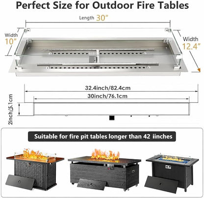 GRISUN Upgraded 30" x 10" Drop-in Fire Pit Kit with Glass Wind Guard & Lid, Linear Fire Pit Burner Pan, Stainless Steel Fire Pit Insert with Spark Ignition