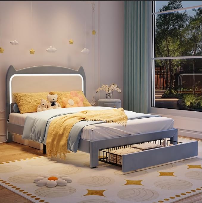 Garvee Full Size Bed Frame with Storage Drawer and Cat Headboard, Platform Bed Frame with RGB LED Lights, Strong Wood Slats Support, Noise Free, No Box Spring Needed, Easy Assembly, Blue and White