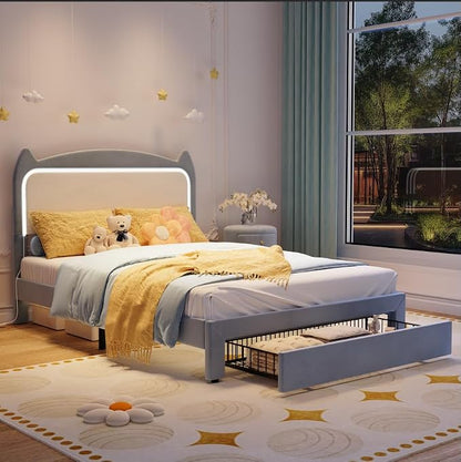Garvee Full Size Bed Frame with Storage Drawer and Cat Headboard, Platform Bed Frame with RGB LED Lights, Strong Wood Slats Support, Noise Free, No Box Spring Needed, Easy Assembly, Blue and White
