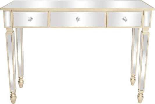 VINGLI Mirrored Vanity Desk with 3 Drawers, Multifunctional Home Office Desks, Modern Console/Sofa/Makeup Desk for Bedroom/Living Room/Entryway, Gold