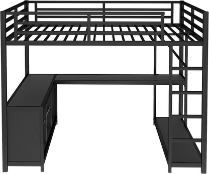 Bellemave Queen Size loft Bed with L Desk and Wardrobe, Metal Queen Size Loft Bed Frame for Adults, Kids, Teens, Black