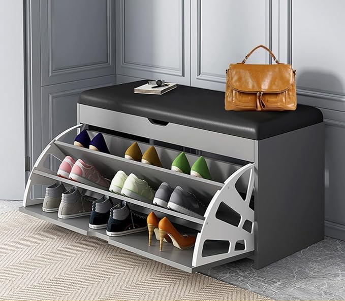 Shoes Storage Cabinet Shoe Stool Tipping Bucket-Shaped, Freestanding Rack Organizer Shoe Replacement Stool with Leather Cushion, Entryways Hallways Closets Bedroom (60d 1)