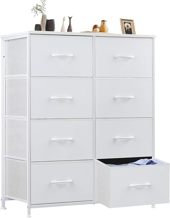 Sweetcrispy Dresser for Bedroom, Chest Organizer Unit with 8 Fabric Bins | Storage Tower, Drawer Organizer with Steel Frame, Wooden Top for Living Room, Closet