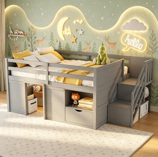 Bellemave Full Size Low loft Bed for Kids,Wood Loft Beds,Modern Farmhouse Full loft Bed,Loft Bed with Desk and Storage, No Box Spring Needed,for Kids, Gray