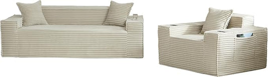 Boneless Sofa Couches with Cup Holder for Compact Living Rooms, Apartments (Camel, Single Chair + 3 Seat Sofa)