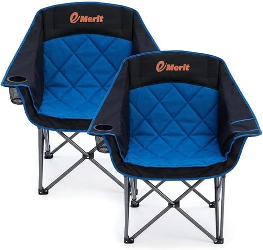 EMERIT 2 Pack Oversized Padded Camping Chairs, Heavy Duty 450 LBS Capacity Outdoor Folding Quad Chair with Cup Holder, Portable for Camping, Tailgating, Sports, Backyard & Patio, Black