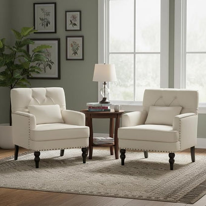 HUIMO Tufted Club Chair Set of 2 with Lumbar Pillow,Accent Chair Upholstered Button Armchair, Linen Fabric Sofa Chairs for Bedroom, Living Room, Mid Century Modern Reading Chair,Beige
