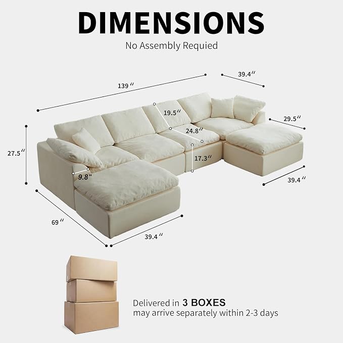 138" Boneless Cloud Couch Sectional for Living Room, Oversized Modular U Shaped Sofa with Double Chaise, Deep Seat Chenille Sectional Couch for Cloud-Like Comfort(U-Shaped Beige)