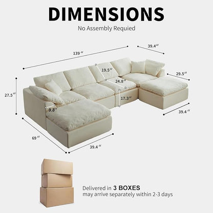 138" Boneless Cloud Couch Sectional for Living Room, Oversized Modular U Shaped Sofa with Double Chaise, Deep Seat Chenille Sectional Couch for Cloud-Like Comfort(U-Shaped Beige)