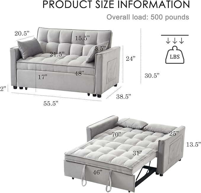 3-in-1 Loveseat Sleeper Sofa, Modern 55.5" Pull Out Couch, Velvet Upholstered Futon Sofa Bed with Adjustable Backrest, Convertible Sofa Bed with Storage Pockets for Living Room(Light Grey)