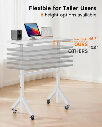 ErGear Small Standing Desk Adjustable Height, 6 Height Settings Up to 46.5″, Walking Pad Desk with Triangular Leg Design, Smooth Mobility with Lockable Wheels, Standing Desk for Walking Pad, White