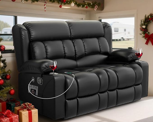 RV Loveseat Recliner Sofa, Wall Hugger Reclining Loveseat RV Couch with USB Ports, Large Pockets, Cup Holders, 150° Adjustable RV Recliners Furniture for Travel Trailers & Home Theater Seating