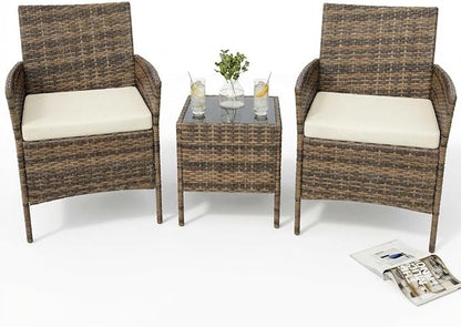 3 Piece Outdoor Patio Furniture Set, All-Weather Brown Wicker Rattan Conversation Set with Cushions, Chairs & Coffee Table for Porch, Backyard & Balcony