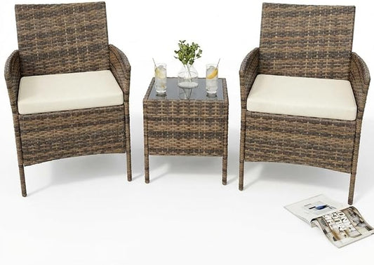 3 Piece Outdoor Patio Furniture Set, All-Weather Brown Wicker Rattan Conversation Set with Cushions, Chairs & Coffee Table for Porch, Backyard & Balcony