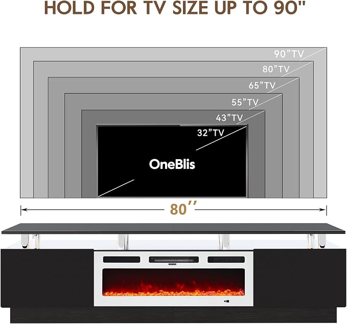80" TV Stand for Living Room, Modern Entertainment Center & Media Console, Fits TVs up to 80", Storage Cabinet with Shelves, 36" Electric Fireplace with LED Flame(Black+White)