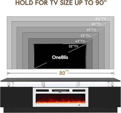 80" TV Stand for Living Room, Modern Entertainment Center & Media Console, Fits TVs up to 80", Storage Cabinet with Shelves, 36" Electric Fireplace with LED Flame(Black+White)