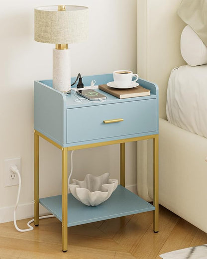Masupu Nightstand with Charging Station,3-Tier Modern Bedside Night Stand with Storage Drawer and Shelf,Small End Side Table for Bedroom,Living Room,Gold and Blue
