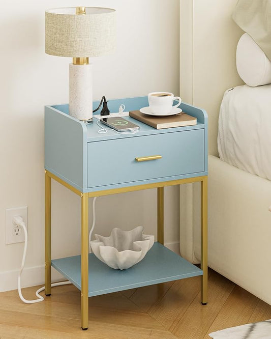 Masupu Nightstand with Charging Station,3-Tier Modern Bedside Night Stand with Storage Drawer and Shelf,Small End Side Table for Bedroom,Living Room,Gold and Blue