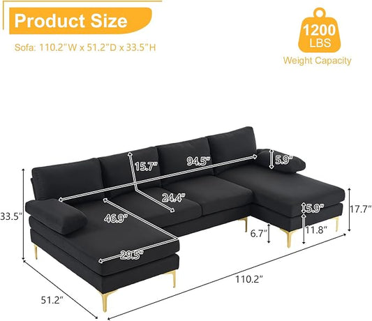 Karl home Convertible Sectional Sofa 110" U-Shape Sofa Couch 4-Seat Couch with Chaise Fabric Upholstered for Living Room, Apartment, Office, Black