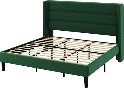 Allewie King Size Platform Bed Frame with Velvet Upholstered Wingback Headboard, No Box Spring Needed, Strong Wooden Slats, Under Bed Storage Space, Modern Mattress Foundation, Easy Assembly, Green
