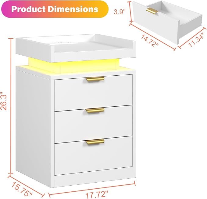 knoworld LED Nightstand with Charging Station & USB Ports, 3-Drawer Bedside Table with Adjustable RGB LED Lights, High-Gloss Modern Nightstands for Bedroom, White
