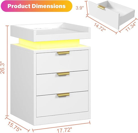 knoworld LED Nightstand Set of 2 with Charging Station & USB Ports, 3-Drawer Bedside Table with Adjustable RGB LED Lights, High-Gloss Modern Nightstands for Bedroom, White
