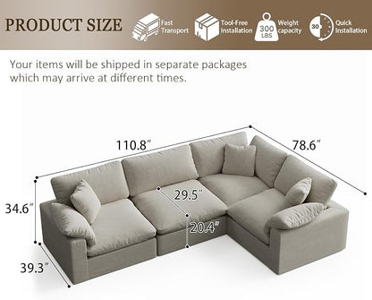 Modular Sectional Sofa, 4 Seater Cloud Couch,Down Filled Comfy Cloud Modern Sofa,Light Beige Linen Oversized Couch Cushion Covers Removable for Living Room