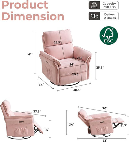 Oversized Power Recliner Chair Swivel Glider with Massage and Heat, Rocker Nursery Recliner for Adults with Adjustable Headrest, 26" Extra Wide Nursery Chair with Overstuffed Armrest,Pink