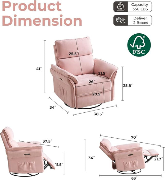 Oversized Power Recliner Chair Swivel Glider with Massage and Heat, Rocker Nursery Recliner for Adults with Adjustable Headrest, 26" Extra Wide Nursery Chair with Overstuffed Armrest,Pink
