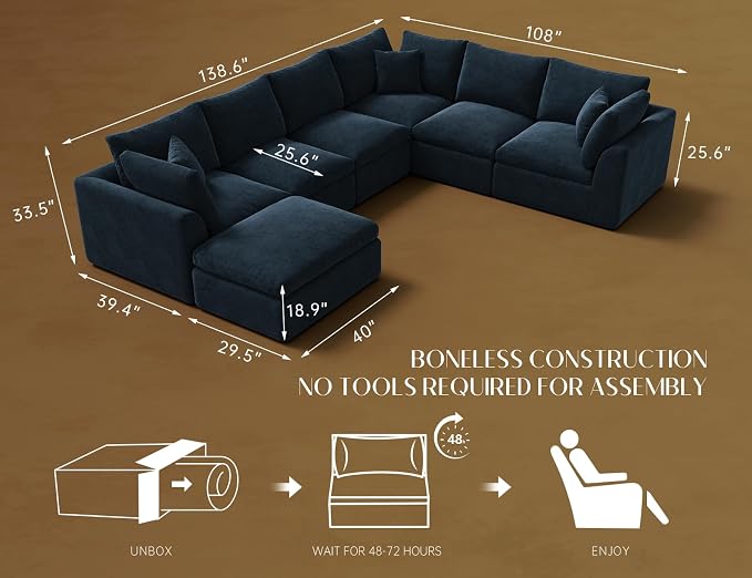 ohllob Oversized Cloud Couches for Living Room, Boneless Sectional Couch with Ottoman, 7 Seater Large Modular Sectional Sofa, Dark Blue