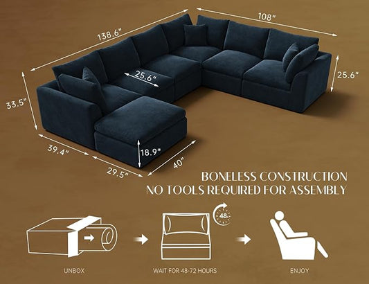 ohllob Oversized Cloud Couches for Living Room, Boneless Sectional Couch with Ottoman, 7 Seater Large Modular Sectional Sofa, Dark Blue