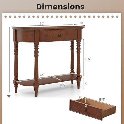 Giantex 2-Tier Console Table, 36" Retro Entryway Table with Storage Drawer & Elegant Legs, Narrow Wooden Sofa Table with Open Shelf for Living Room, Foyer, Hallway, Bedroom, Entrance (Brown)