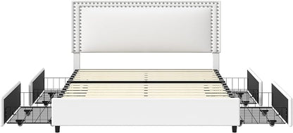 VECELO Full Size Upholstered Bed Frame with 4 Storage Drawers, Adjustable Velvet Rivet Decor Headboard, Wooden Slats Platform Support, No Box Spring Needed, Easy Assembly,White
