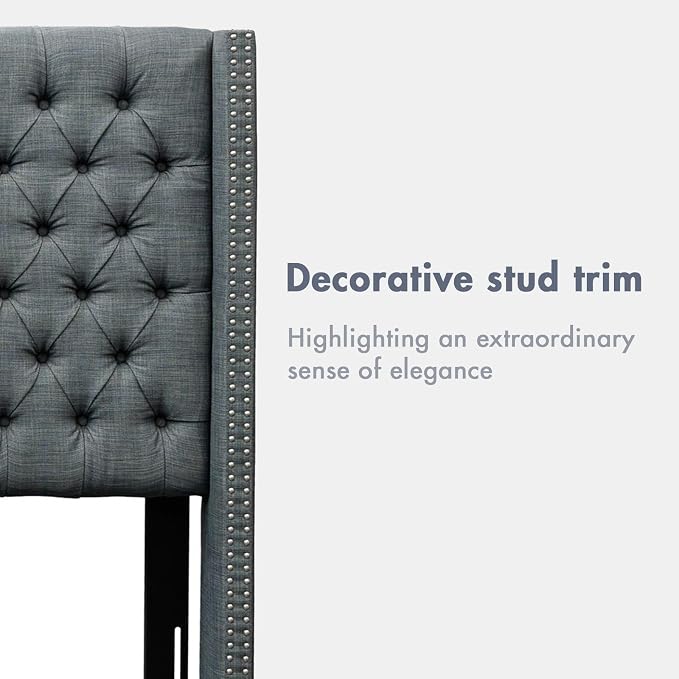 Madison Park Queen Wingback Upholstered Tufted Headboard, Featuring High-Density Sponge Padding, Adjustable Height Headboard, Easy Assembly, Dark Grey Woven