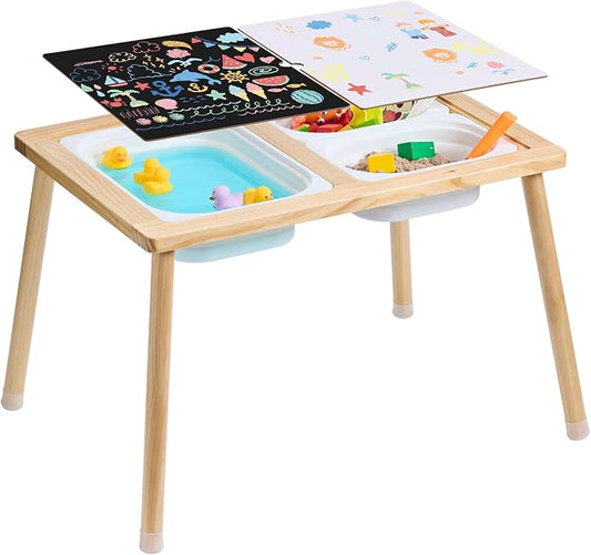 VEVOR Sensory Table for Toddlers, Kids Activity with 3 Foldable Storage Bins & Double-Sided Board, Indoor/Outdoor Play Sand and Water Table, Wooden Kids Sensory for Drawing Studying