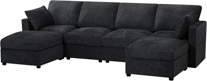 110” Chenille 4-Seats Sofa W/Two Movable Ottomans, Black | Modern Fabric U-Shaped Couch w/Soft Backrests, Upholstered Sectional Sofa w/Arm Pillows for Living Room, Office