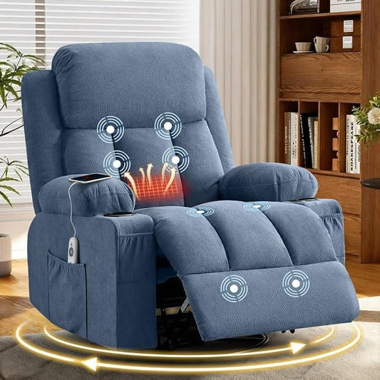 MAHOMICO Swivel Rocker Recliner Chair with Vibration Massage and Heat for Living Room,with Rocking Function and Side Pocket, USB Charge Port,2 Cup Holders