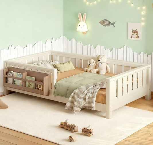 Bellemave Twin Size Floor Bed with high Rails and with Built-in Bookshelf for Kids, Girls, Boys, Wood Montessori Floor Bed Without Door, Beige
