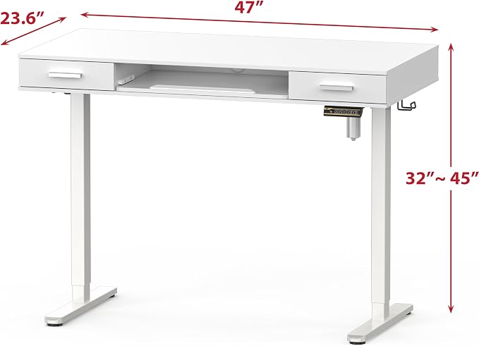 SHW 48-Inch Electric Height Adjustable Desk with Keyboard Tray and 2 Drawers, White