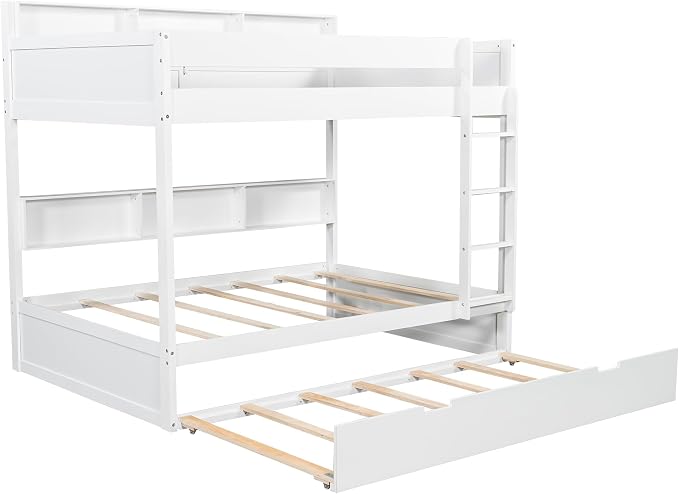 Wood Bunk Bed Twin Over Twin Size with Built-in Storage Shelves, Versatile Bunk Bed Frame with Ladder and Trundle Bed for Kids Teens Adults, Maximize Space (White-T2)