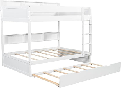 Wood Bunk Bed Twin Over Twin Size with Built-in Storage Shelves, Versatile Bunk Bed Frame with Ladder and Trundle Bed for Kids Teens Adults, Maximize Space (White-T2)