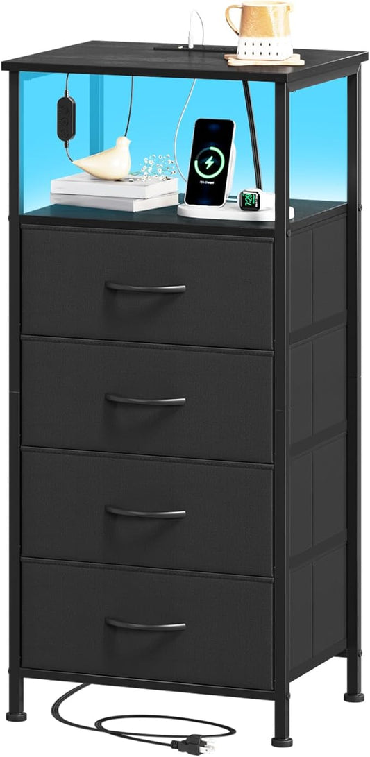 Somdot Black Nightstand with Charging Station and LED Light for Bedroom, Tall 4 Drawers Dresser with Fabric Bins for Bedside Kids Dorm Room Closet Laundry Entryway, Black