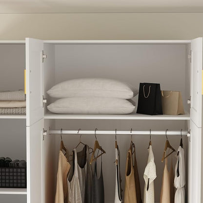 Wardrobe Closet with Mirror, 3 Door Wardrobe with Hanging Rod, 4 Drawers, Shelves, Modern Bedroom Armoire with Gold Handles, White Clothes Cabinet, 20.5”D x 47”W x 86.7”H